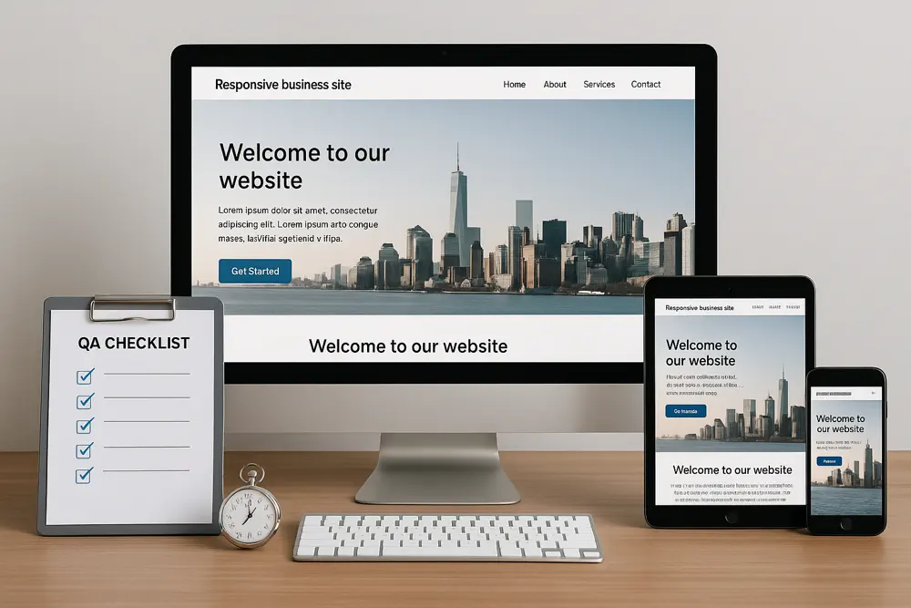 Optimus Vox wireframing and prototyping with QA checklist, showing responsive website mockups on desktop, tablet, and mobile devices.