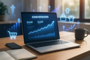 Optimus Vox e-commerce strategies 2025 laptop showing rising conversions and online sales growth